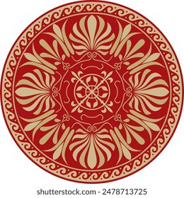 Vector gold with red classic Greek round ornament. Circle of Ancient Greece and the Roman Empire. Byzantine painting of walls, floors and ceilings. Decoration of European palaces.
