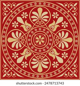 Vector gold with red classic Greek square ornament. Rectangle of Ancient Greece and Roman Empire. Byzantine painting of walls, floors and ceilings. Decoration of European palaces.
