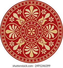 Vector gold with red classic Greek round ornament. Circle of Ancient Greece and the Roman Empire. Byzantine painting of walls, floors and ceilings. Decoration of European palaces.
