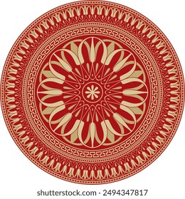 Vector gold with red classic Greek round ornament. Circle of Ancient Greece and the Roman Empire. Byzantine painting of walls, floors and ceilings. Decoration of European palaces.
