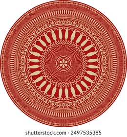 Vector gold with red classic Greek round ornament. Circle of Ancient Greece and the Roman Empire. Byzantine painting of walls, floors and ceilings. Decoration of European palaces.
