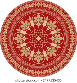 Vector gold with red classic Greek round ornament. Circle of Ancient Greece and the Roman Empire. Byzantine painting of walls, floors and ceilings. Decoration of European palaces.
