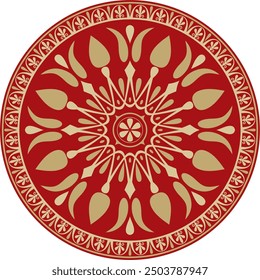 Vector gold with red classic Greek round ornament. Circle of Ancient Greece and the Roman Empire. Byzantine painting of walls, floors and ceilings. Decoration of European palaces.
