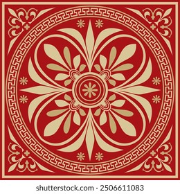 Vector gold with red classic Greek square ornament. Rectangle of Ancient Greece and Roman Empire. Byzantine painting of walls, floors and ceilings. Decoration of European palaces.
