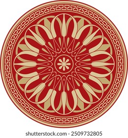 Vector gold with red classic Greek round ornament. Circle of Ancient Greece and the Roman Empire. Byzantine painting of walls, floors and ceilings. Decoration of European palaces.
