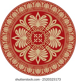 Vector gold with red classic Greek round ornament. Circle of Ancient Greece and the Roman Empire. Byzantine painting of walls, floors and ceilings. Decoration of European palaces.
