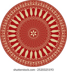 Vector gold with red classic Greek round ornament. Circle of Ancient Greece and the Roman Empire. Byzantine painting of walls, floors and ceilings. Decoration of European palaces.
