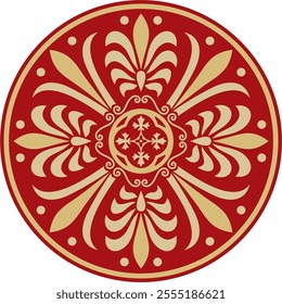 Vector gold with red classic Greek round ornament. Circle of Ancient Greece and the Roman Empire. Byzantine painting of walls, floors and ceilings. Decoration of European palaces.
