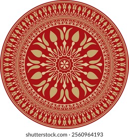 Vector gold with red classic Greek round ornament. Circle of Ancient Greece and the Roman Empire. Byzantine painting of walls, floors and ceilings. Decoration of European palaces.
