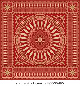 Vector gold with red classic Greek square ornament. Rectangle of Ancient Greece and Roman Empire. Byzantine painting of walls, floors and ceilings. Decoration of European palaces.
