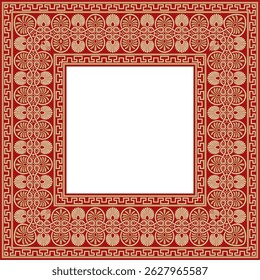 Ouro vetorial com ornamento quadrado grego clássico vermelho. Retângulo da Grécia Antiga e Império Romano. Pintura bizantina de paredes, pisos e tetos. Decoração de palácios europeus.
