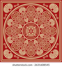 Ouro vetorial com ornamento quadrado grego clássico vermelho. Retângulo da Grécia Antiga e Império Romano. Pintura bizantina de paredes, pisos e tetos. Decoração de palácios europeus.
