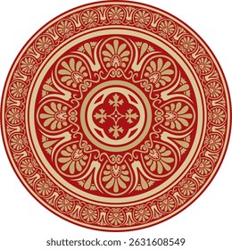 Ouro vetorial com ornamento redondo grego clássico vermelho. Círculo da Grécia Antiga e do Império Romano. Pintura bizantina de paredes, pisos e tetos. Decoração de palácios europeus.
