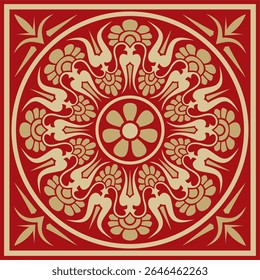 Ouro vetorial com ornamento quadrado grego clássico vermelho. Retângulo da Grécia Antiga e Império Romano. Pintura bizantina de paredes, pisos e tetos. Decoração de palácios europeus.
