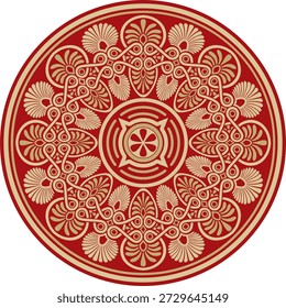 Vector gold with red classic Greek round ornament. Circle of Ancient Greece and the Roman Empire. Byzantine painting of walls, floors and ceilings. Decoration of European palaces.
