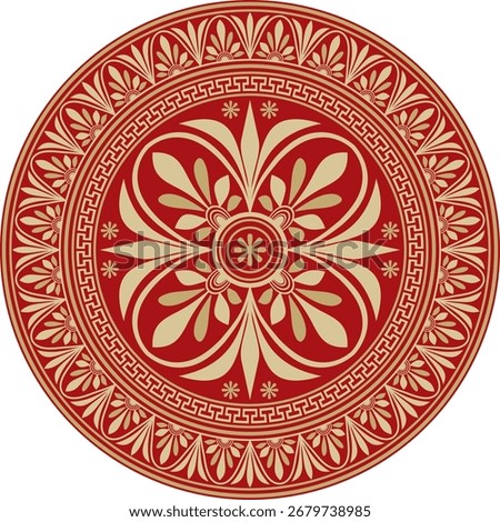 Vector gold with red classic Greek round ornament. Circle of Ancient Greece and the Roman Empire. Byzantine painting of walls, floors and ceilings. Decoration of European palaces.
