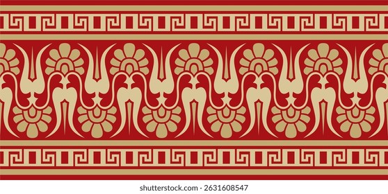 Vetor ouro e vermelho clássico sem emenda europeia nacional. Padrão étnico dos povos românicos. Fronteira, quadro da grécia antiga, império romano.