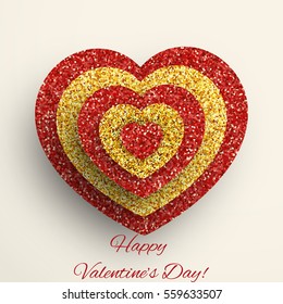 Vector gold and red glitter heart card. Valentine card concept.