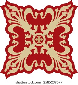 Vector gold with red gothic ornament. Medieval European art. Traditional patterns of Catholic cathedrals.
