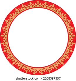 Vector gold and red Kazakh national round pattern, frame. Ethnic ornament of the nomadic peoples of Asia, the Great Steppe, Kazakhs, Kirghiz, Kalmyks, Mongols, Buryats, Turkmens