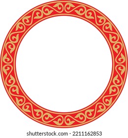 Vector gold and red Kazakh national round pattern, frame. Ethnic ornament of the nomadic peoples of Asia, the Great Steppe, Kazakhs, Kirghiz, Kalmyks, Mongols, Buryats, Turkmens