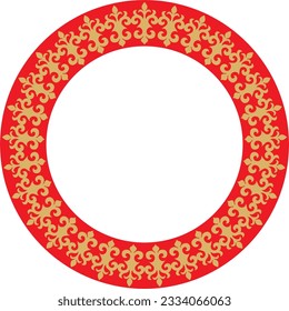 Vector gold and red Kazakh national round pattern, frame. Ethnic ornament of the nomadic peoples of Asia, the Great Steppe, Kazakhs, Kirghiz, Kalmyks, Mongols, Buryats, Turkmens