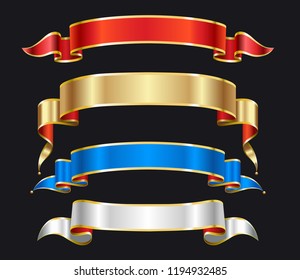 Vector, gold, red merry christmas ribbon banners set,  Paper scrolls, Ribbons, stickers.