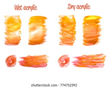 Vector gold and red paint smear stroke set. Abstract red and gold glittering textured art illustration. Wet and Dry Acrylic Texture Paint Illustration. Hand drawn brush strokes vector design elements.