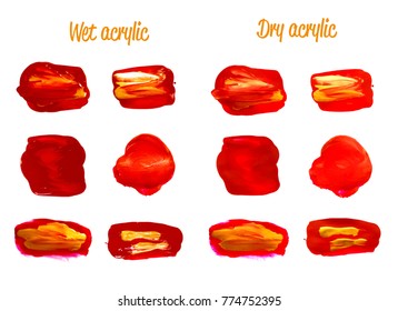 Vector gold and red paint smear stroke set. Abstract red and gold glittering textured art illustration. Wet and Dry Acrylic Texture Paint Illustration. Hand drawn brush strokes vector design elements.
