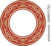 Vector gold with red round classic byzantine ornament. Circle, ring, border, Ancient Greece, Eastern Roman Empire frame. Decoration of the Russian Orthodox Church

