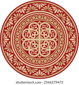 Vector gold with red round classic byzantine ornament. Circle, ring, border, Ancient Greece, Eastern Roman Empire frame. Decoration of the Russian Orthodox Church
