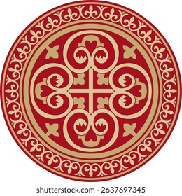 Vector gold with red round classic byzantine ornament. Circle, ring, border, Ancient Greece, Eastern Roman Empire frame. Decoration of the Russian Orthodox Church
