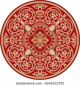 Ouro vetorial com ornamento byzantine clássico redondo vermelho. Círculo, anel, fronteira, Grécia Antiga, quadro do Império Romano do Leste. Decoração da Igreja Ortodoxa Russa
