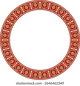 Vector gold with red round classic byzantine ornament. Circle, ring, border, Ancient Greece, Eastern Roman Empire frame. Decoration of the Russian Orthodox Church

