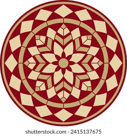 Vector gold and red round pattern. Mosaic circle, geometric ornament. Sketchy flower.