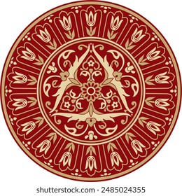 Vector gold with red round Turkish ornament. Ottoman circle, ring, frame.