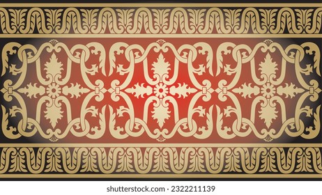 Vector gold and red seamless classic renaissance ornament. Endless european border, revival style frame.
