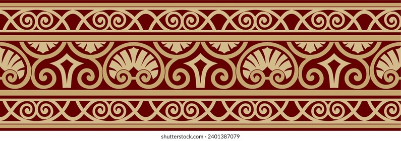 Vector gold and red seamless classic renaissance ornament. Endless european border, revival style frame.
