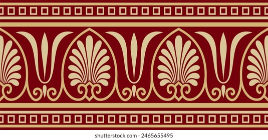 ornamento griego clásico sin costuras en oro Vector y rojo. Un interminable patrón europeo. Frontera, marco Antigua Grecia, Imperio Romano.
