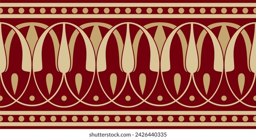 Vector gold and red seamless classical Greek meander ornament. Pattern of ancient Greece. Border, frame of the Roman Empire.
