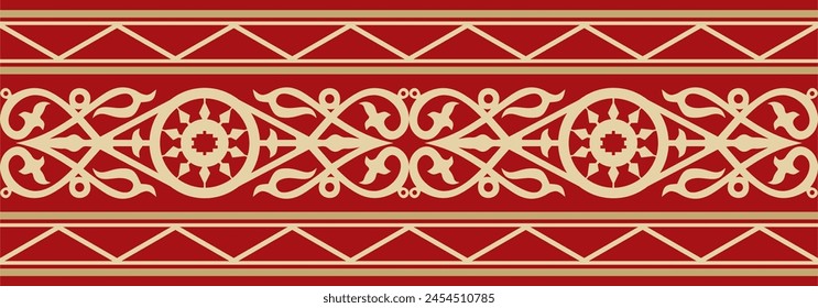 Vector gold and red seamless Yakut ornament. Endless border, frame of the northern peoples of the Far East.