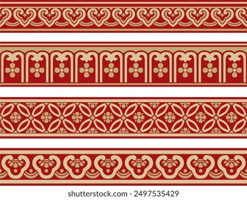 Vector gold and red set of seamless Chinese borders. Endless ornaments of oriental peoples, korea, taiwan, china, hong kong, indonesia
