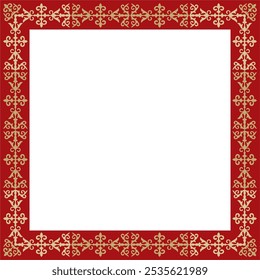 Vector gold with red square Kazakh national ornament. Ethnic pattern of the peoples of the Great Steppe,
