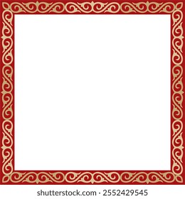 Vector gold with red square Kazakh national ornament. Ethnic pattern of the peoples of the Great Steppe,
