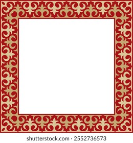 Vector gold with red square Kazakh national ornament. Ethnic pattern of the peoples of the Great Steppe,
