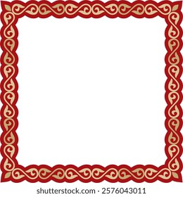 Vector gold with red square Kazakh national ornament. Ethnic pattern of the peoples of the Great Steppe,
