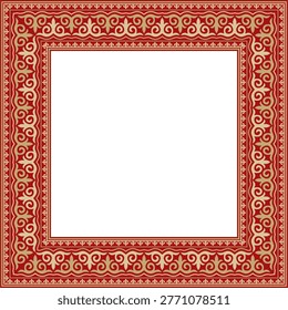 Vector gold with red square Kazakh national ornament. Ethnic pattern of the peoples of the Great Steppe,
