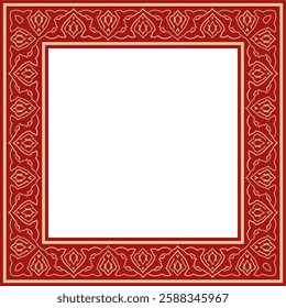 Vector gold with red square Turkish national ornament. Ottoman border, frame. Ethnic floral rectangle, Seljuk Turks pattern. Decoration of the Sultan's palaces.
