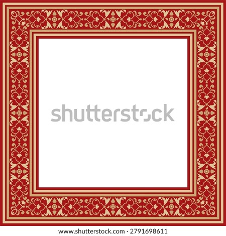 Vector gold with red square Turkish national ornament. Ottoman border, frame. Ethnic floral rectangle, Seljuk Turks pattern. Decoration of the Sultan's palaces.
