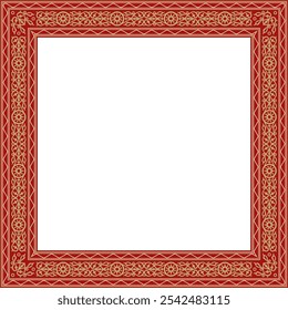 Vector gold and red square Yakut ornament. Infinite rectangle, border, frame of the northern peoples of the Far East.